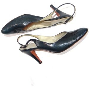 Vintage NOGUERON French Leather Dark Blue Slingback Pumps Heels Size 10